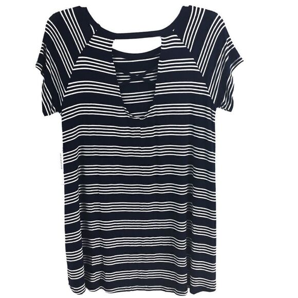 French Laundry Top Blue White Stripe Keyhole Back Short Sleeve Small - Picture 3 of 8